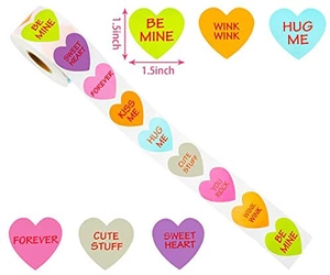 Detail of 1.5-inch heart-shaped roll stickers with colorful Valentine phrases