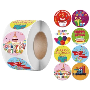 Étiquettes Adhésives Rondes Happy Birthday Rouleau Dessin Animé Gâteau Ballon Boîte Cadeau Autocollants Décoratifs pour Fête