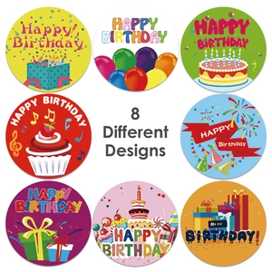 Rouleau de 500 stickers Joyeux Anniversaire avec 8 motifs gâteaux et ballons colorés