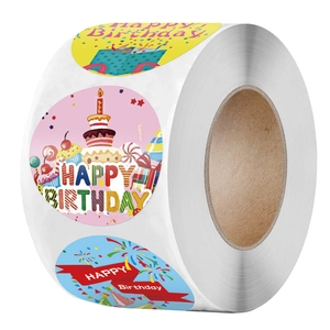 Rouleau de 500 autocollants Happy Birthday avec gâteaux colorés et cadeaux