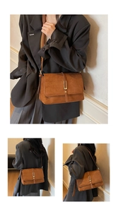 Detail of vintage caramel brown crossbody bag with matte suede texture and metal clasp