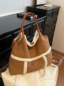 Women Faux Suede Large Capacity Tote Bag Autumn Winter Faux Shearling Trim Shoulder Crossbody Bag Casual Commuter Handbag
