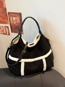 Large capacity black suede tote bag with white shearling trim for autumn style