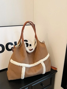 Brown faux suede tote bag with plush shearling trim and large capacity for women