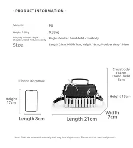 Detailed dimension guide for the piano key crossbody bag with exact measurements