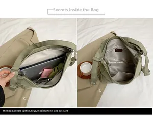 Macro detail of spacious internal main pocket and large capacity of green nylon tote bag