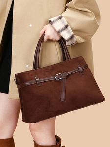 Vintage Suede Tote Bag For Women Large Capacity Frosted Shoulder Bag With Decorative Strap Minimalist Office Commuting Handbag