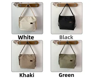 Waterproof nylon tote bags shown in white, black, khaki, and green color options