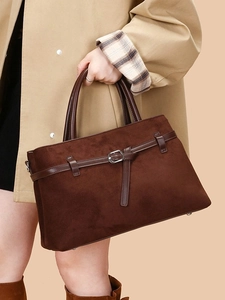 Fashionable dark brown suede tote bag with leather strap detail for women