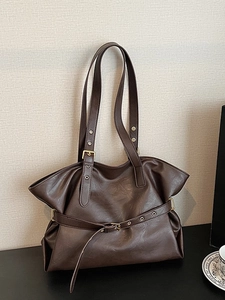 Vintage Large Capacity PU Leather Tote Bag For Women Retro Stitching Single Shoulder Commuting Underarm Handbag With Buckle