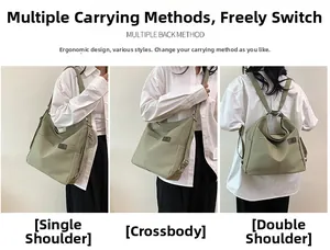 Detailed views of versatile light olive nylon bag showing backpack and crossbody styles