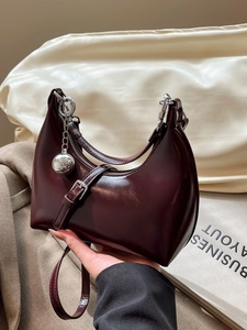 Women Glossy PU Leather Half Moon Shoulder Bag Retro Hobo Bag With Metal Ball Pendant Versatile Daily Crossbody Handbag