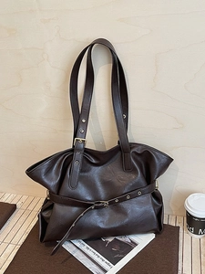 Retro dark brown large tote bag with pleated design and gold buckle strap for women