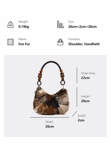 Detailed size chart for the fox fur handbag with dimensions 26x2x20cm and beaded strap