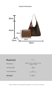 Detailed size chart of large leopard print tote bag with inner pouch and measurements