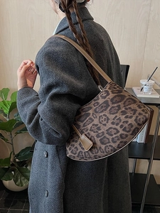 Retro leopard print crescent shoulder bag with dark brown leather strap for women
