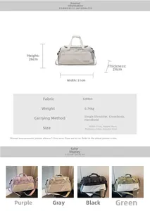 Detailed dimensions of the large travel bag with purple, grey, black and green color options