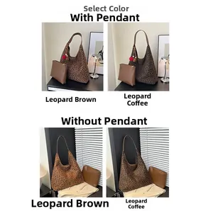 Detail view of leopard print tote bag sets in brown and coffee with pompom charms