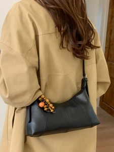 Vintage PU Leather Baguette Bag For Women With Wooden Bead Charm Korean Style Fashion Shoulder Crossbody Bag Casual Daily Purse