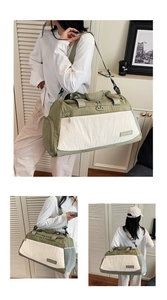 Green and beige travel duffel bag shown on model with adjustable strap and large side pocket