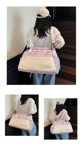 Detailed view of spacious lavender travel bag with adjustable strap and side mesh pocket
