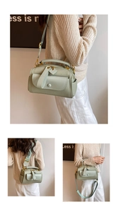Trois vues d'un sac à main en cuir vert clair grainé porté avec une tenue élégante