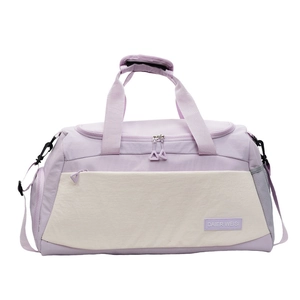 Large travel duffel bag in purple and white with adjustable strap for gym and yoga