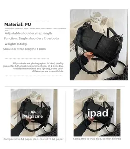 Size comparison of black crocodile pattern crossbody bag with A4 magazine and iPad