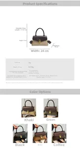 Size chart showing 24cm width PU leather handbag dimensions and five color options