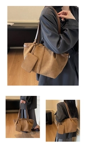 Brown suede tote bag with matching zipper pouch and smooth leather straps detail
