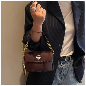Detail of dark brown woven mini bag featuring cartoon dog print and gold chain strap