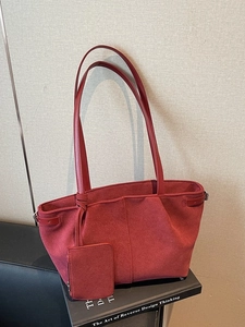 Vintage large capacity red suede tote bag with small zipper purse for commuting women