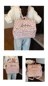 Detailed views of purple leopard print canvas backpack with buckle and logo prints
