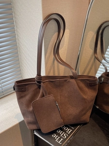 Large vintage dark brown suede tote bag with matching coin purse and adjustable straps
