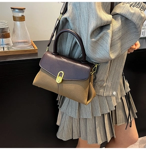 Detail of vintage contrast color handbag with round handle and gold oval twist lock
