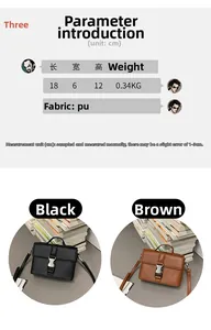 Detailed size chart and specifications for the structured PU leather crossbody bag