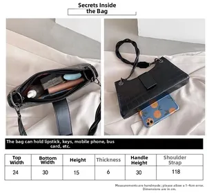 Detailed size chart and interior capacity view of black crocodile pattern shoulder bag