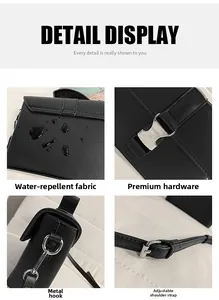 Detail of waterproof PU leather bag with silver hardware and adjustable shoulder strap