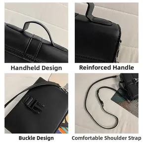 Detail view of black PU leather bag showing reinforced handle and adjustable strap