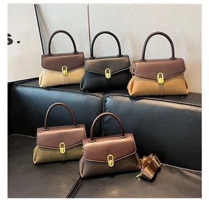 Detailed view of structured leather handbags in five colors with oval gold-tone buckles