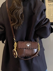 Vintage Women PU Leather Crossbody Bag Fashion Patchwork Small Square Bag Retro Shoulder Bag With Metal Chain Donut Charm