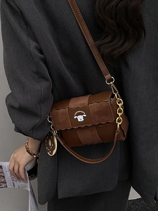 Retro brown shoulder bag with suede patchwork and cute cartoon dog design on high-quality leather