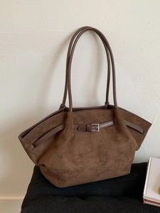 Women Large Capacity Suede Tote Bag Minimalist Patchwork Commuter Shoulder Bag With Metal Buckle Casual Underarm Bag