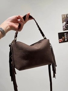 Women Vintage Faux Suede Tassel Shoulder Bag Bohemian Woven Handle Handbag Large Capacity Crossbody Bag For Commuting