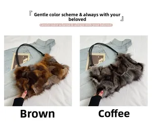 Detail of plush faux fur shoulder bags in brown and coffee colors with leather straps