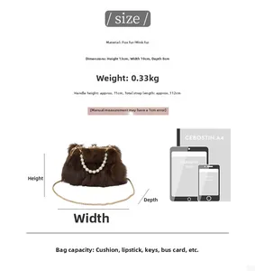 Size chart showing faux fur shell bag dimensions 19x13x8cm with beaded handle and chain