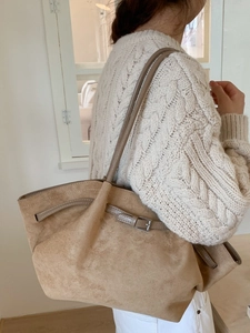 Minimalist khaki suede tote bag for autumn, stylish large capacity shoulder bag for women