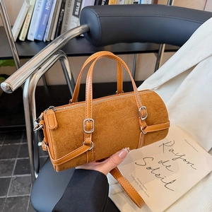 Vintage PU Leather Barrel Bag Women Minimalist Cylinder Shoulder Bag Retro Stitching Underarm Crossbody Bag Fashion Tote