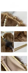 Macro detail of the brown faux fur shell bag with gold chain and pearl accents