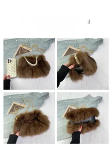 Detailed four-way view of brown faux fur handbag with pearl handle and gold chain strap
